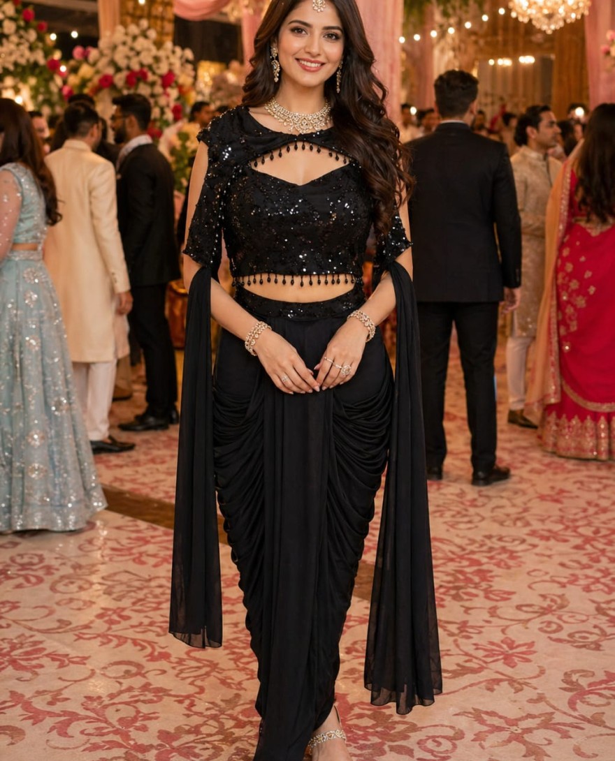 BLACK - Black Lycra Classic Saree with Embroidered and Sequins Work